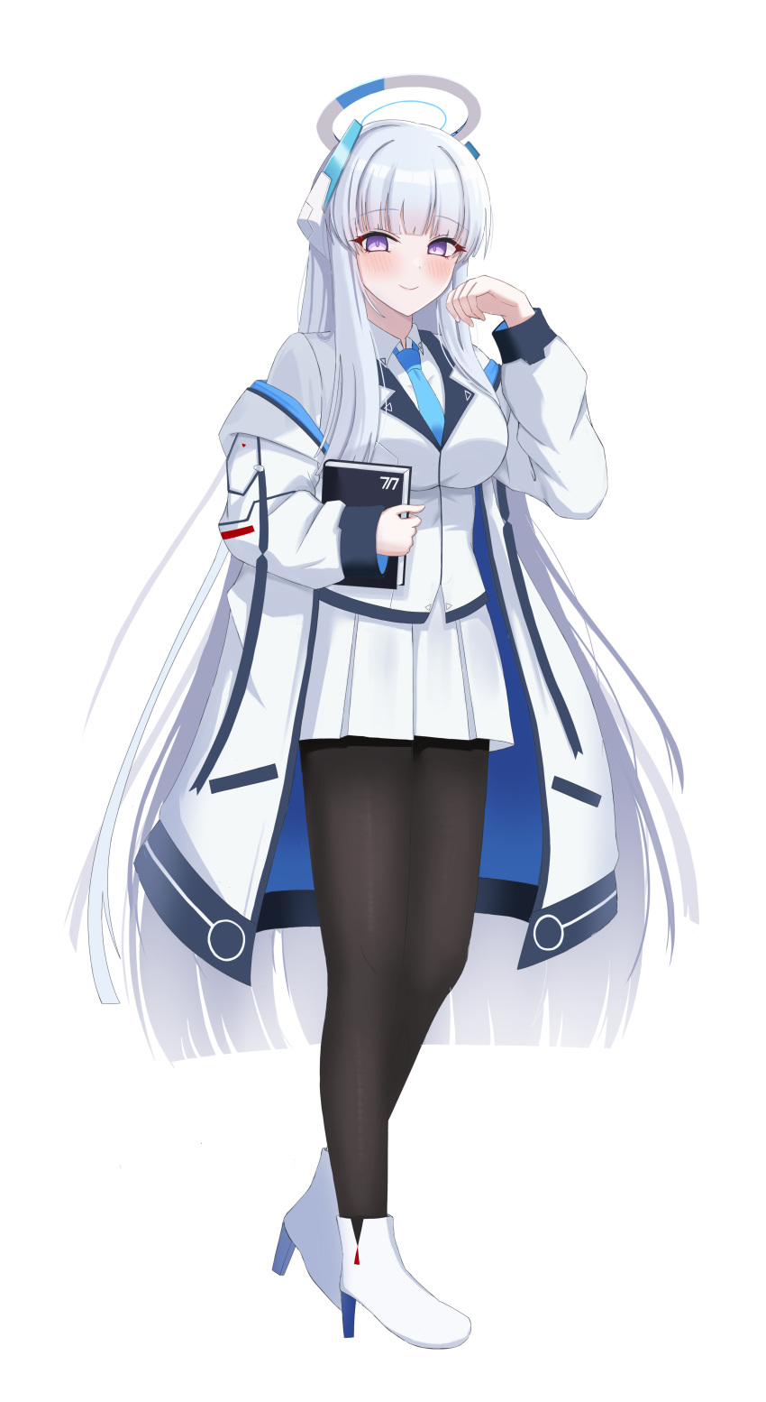 1girl, absurdres, black_pantyhose, blue_archive, blue_necktie, book, boots, breasts