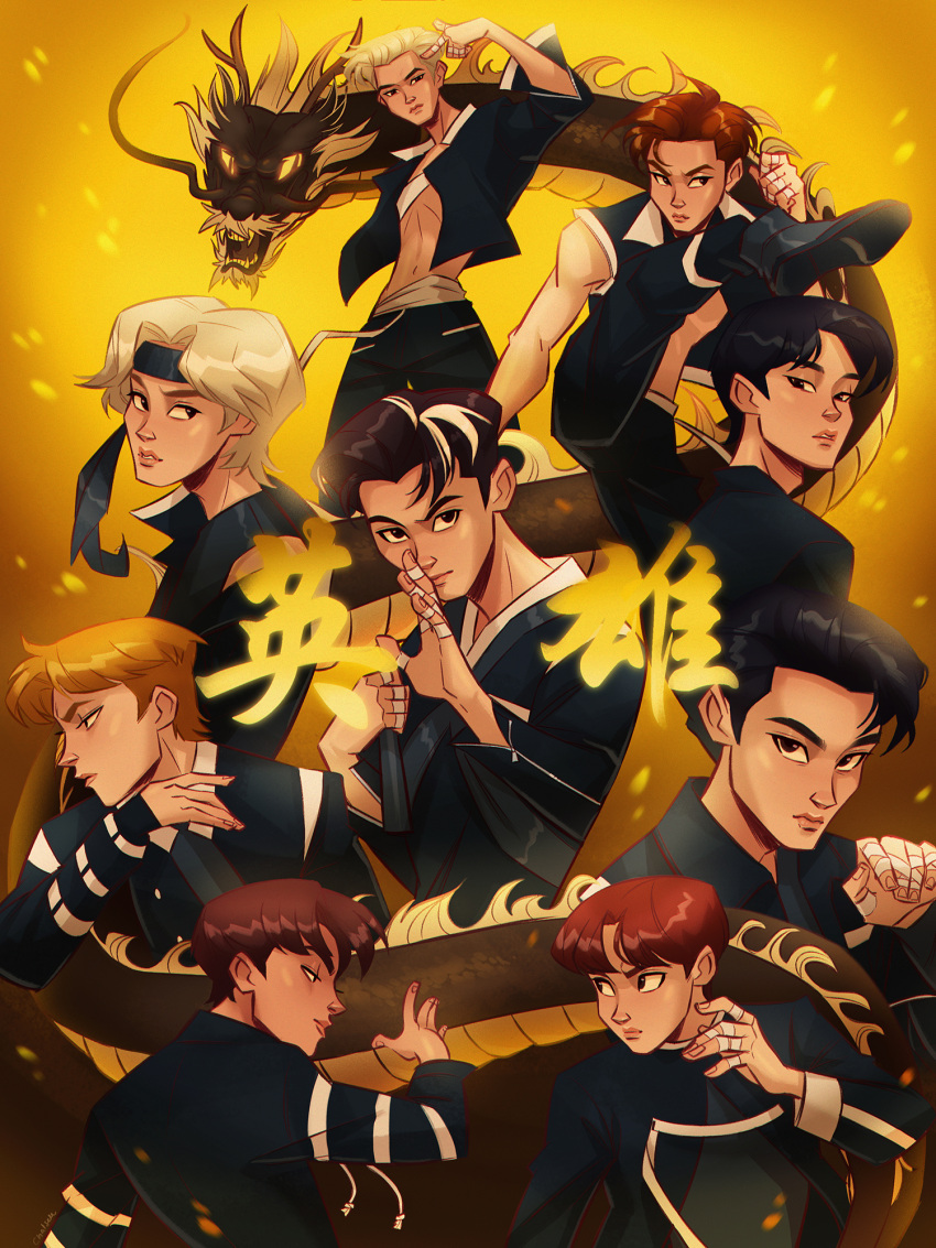 6+boys, black_hair, black_headband, black_shirt, blonde_hair, blonde_streaks, boots, brown_hair, chalseu, commentary, doyoung, dragon, dragon_horns, eastern_dragon, eastern_dragon_horns, gradient_background, haechan, hair_slicked_back, headband, highres, horns, jaehyun, johnny_(nct), jungwoo_(nct), k-pop, leg_up, mark_(nct), multicolored_hair, multiple_boys, nct_(band), open_clothes, open_shirt, profile, real_life, sharp_teeth, shirt, sleeveless, streaked_hair, taeil, taeyong, teeth, yellow_background, yuta_(nct)