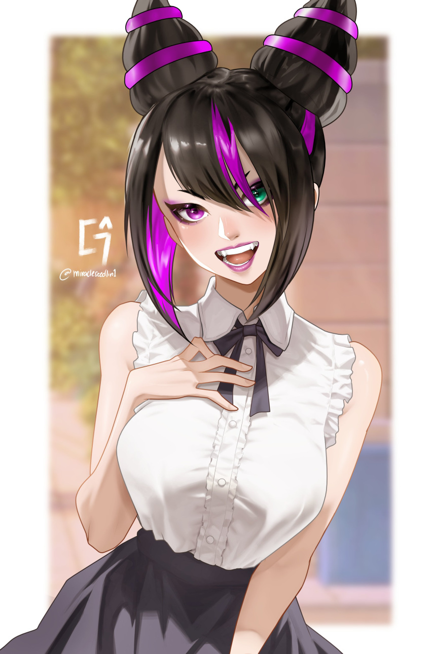 1girl, absurdres, any_emu_7725, black_hair, black_ribbon, black_skirt, blurry, blurry_background, border, breasts, buttons, collared_shirt, commentary, diagonal_bangs, english_commentary, green_eyes, hair_between_eyes, hair_horns, han_juri, hand_on_own_chest, heterochromia, highres, looking_at_viewer, medium_breasts, neck_ribbon, open_mouth, purple_hair, purple_lips, ribbon, shirt, sidelocks, skirt, sleeveless, sleeveless_shirt, smile, solo, street_fighter, street_fighter_6, twitter_username, updo, upper_body, violet_eyes, white_border, white_shirt