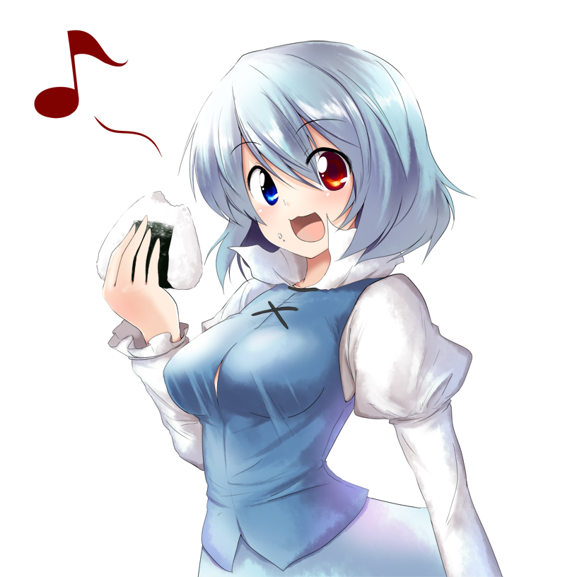 blue_eyes, blue_hair, bust, chipa_(arutana), eating, face, food, food_on_face, food_on_mouth, heterochromia, musical_note, onigiri, open_mouth, red_eyes, short_hair, solo, tatara_kogasa, touhou, transparent_background, white_background
