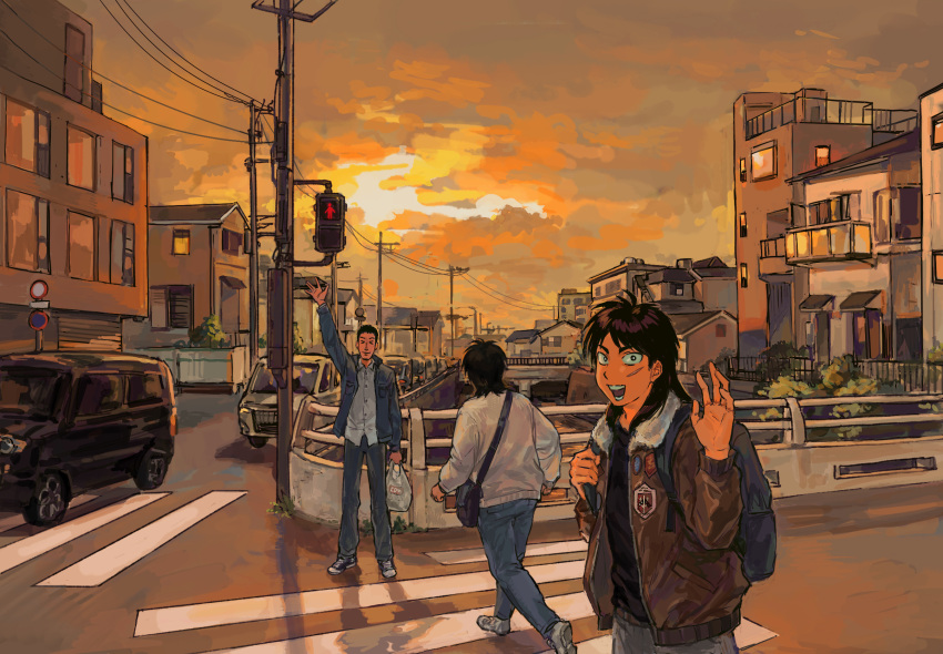 >_<, 3boys, :d, arm_at_side, arm_up, backpack, bag, black_eyes