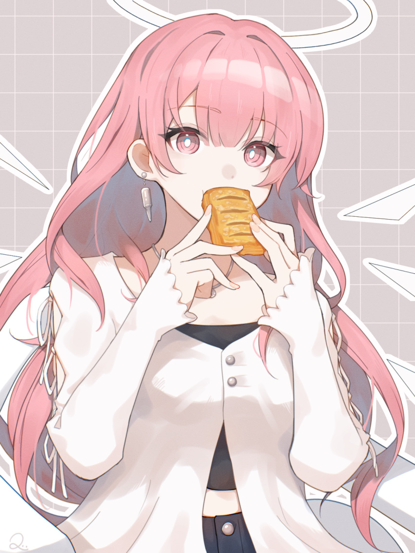1girl, arknights, black_pants, black_shirt, bread, closed_mouth, commentary_request, earrings