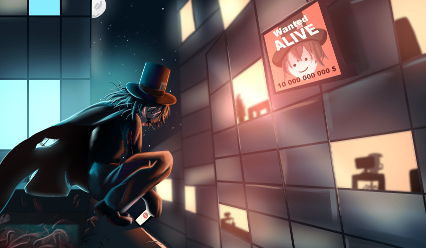1boy, absurdres, backlighting, black_clothing, building, cape, cityscape, hat