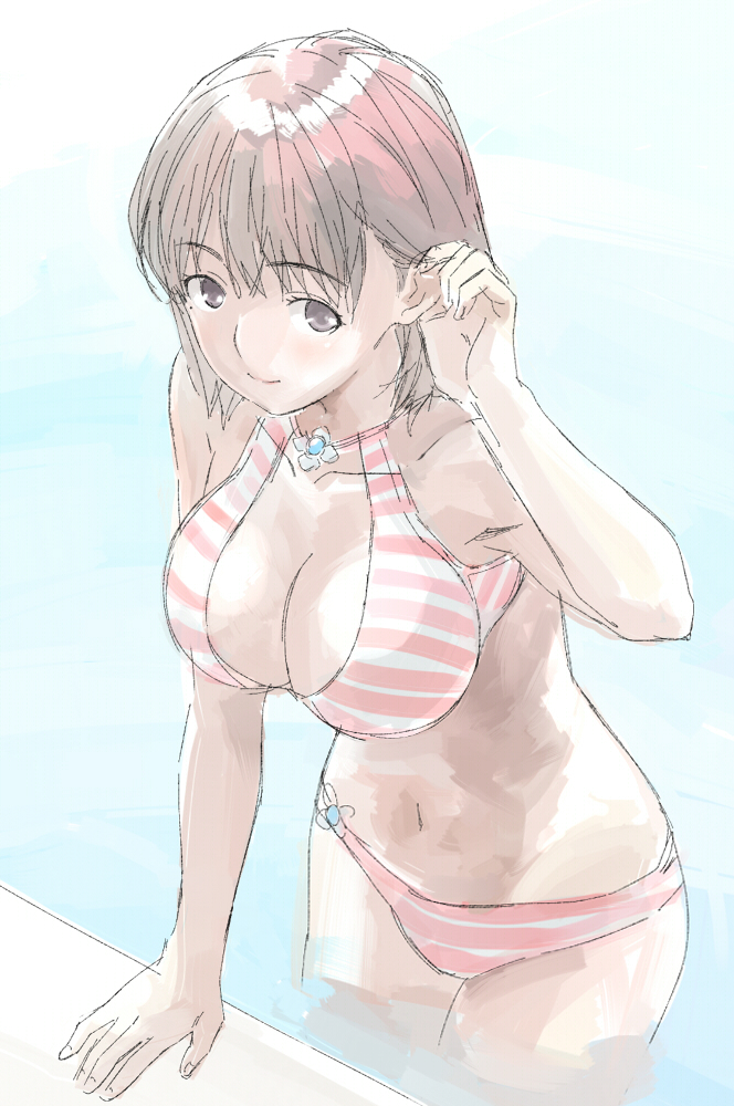 bad_id, banzai_nekomimi, bikini, breasts, brown_hair, cleavage, hair_tucking, large_breasts