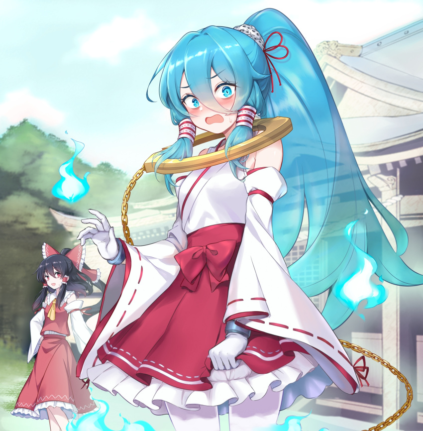 2girls, alternate_costume, ascot, beikeice, black_hair, blue_eyes, blue_hair, blush