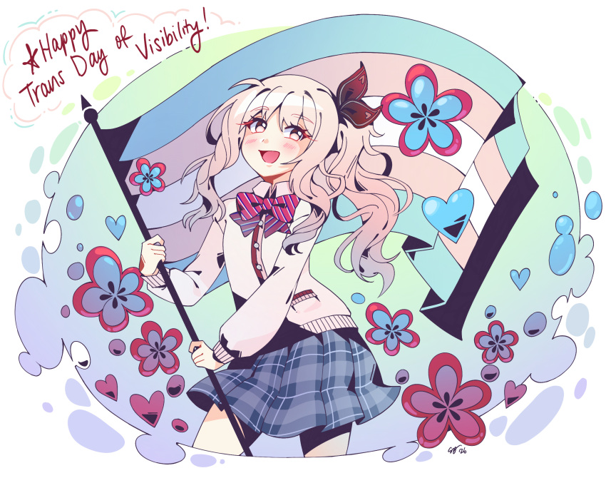 1other, :d, akiyama_mizuki, blue_background, blue_flower, blue_skirt, bow, bowtie