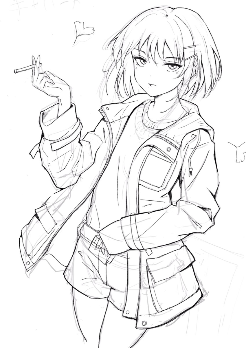 1girl, cigarette, cigarette_pack, commentary_request, cowboy_shot, greyscale, hair_ornament, hairclip