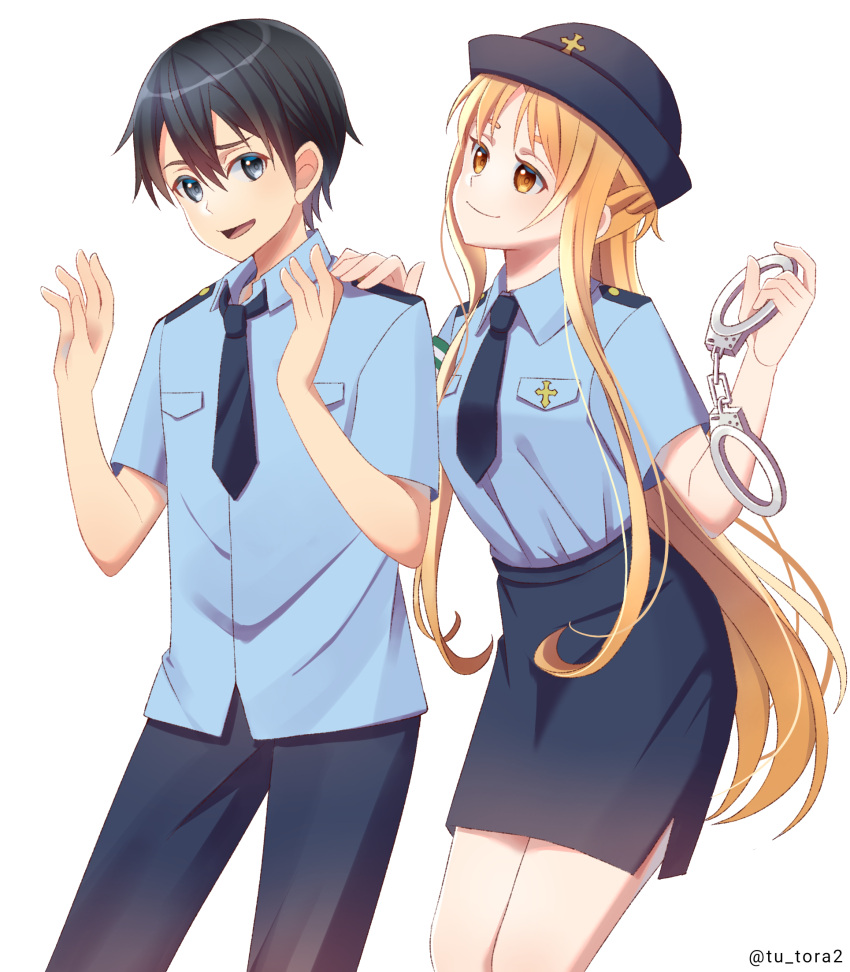1boy, 1girl, alternate_costume, asuna_(sao), black_hair, black_necktie, blue_hat, blue_pants