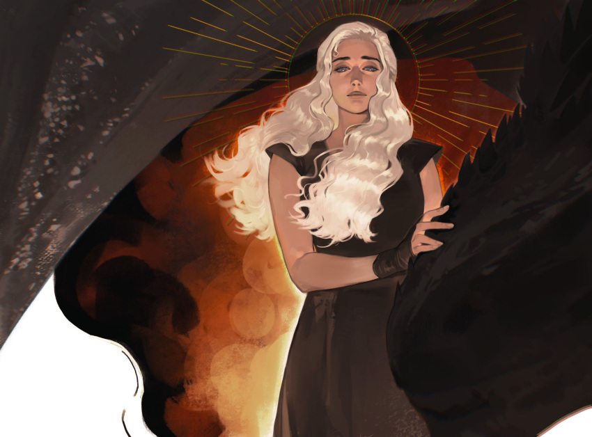 1girl, a_song_of_ice_and_fire, black_dragon, black_dress, chromatic_aberration, closed_mouth, commentary, cowboy_shot