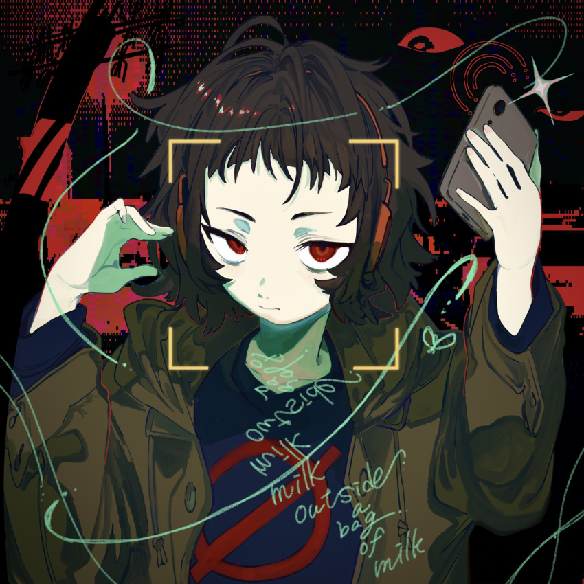 1girl, abstract_background, bags_under_eyes, black_background, black_sweater, brown_coat, brown_hair, closed_mouth