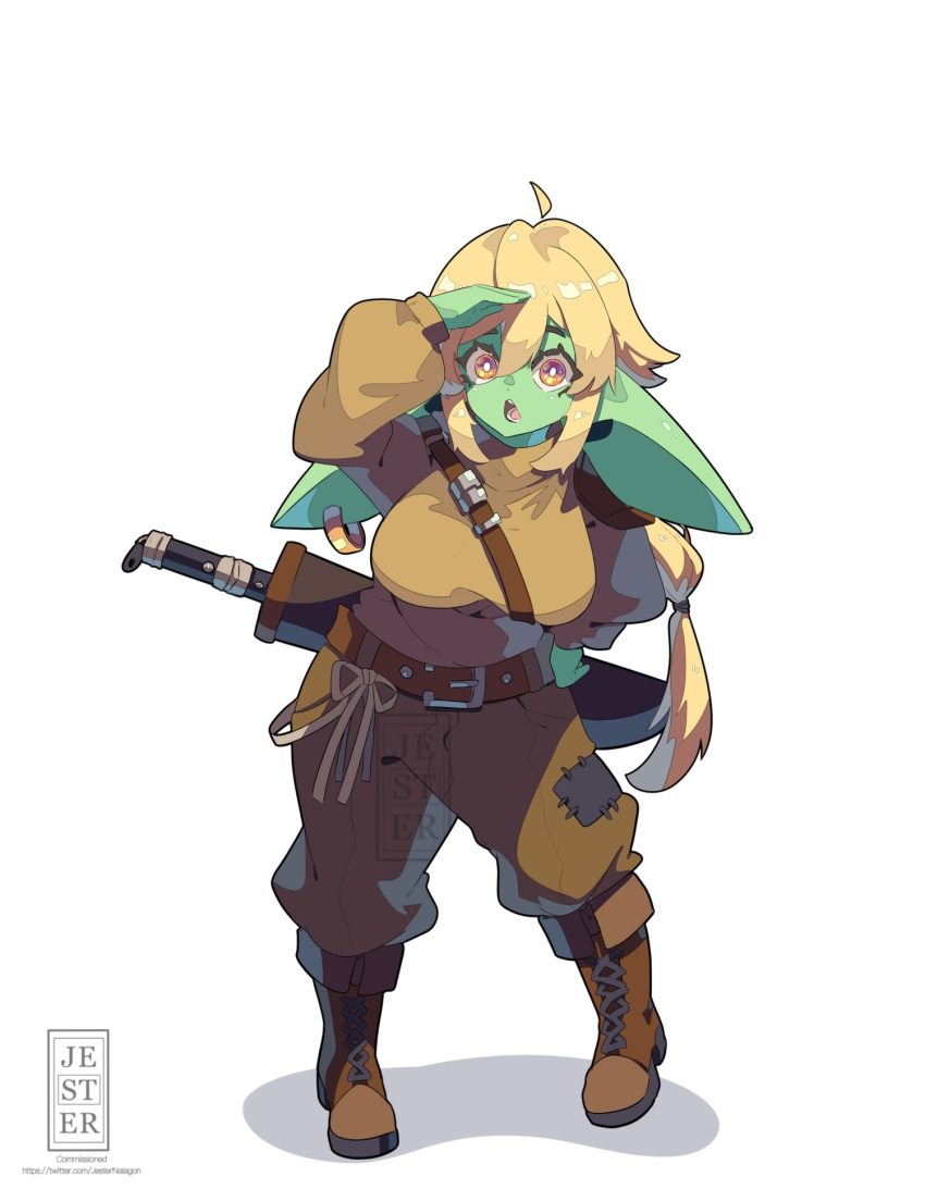 1girl, ahoge, belt, blonde_hair, boots, breasts, brown_belt, brown_boots, brown_pants, brown_shirt, commission, ear_piercing, earrings, female_goblin, goblin, hair_between_eyes, hand_on_own_hip, hand_over_eye, highres, hoop_earrings, jesternalagon, jewelry, large_breasts, long_hair, long_sleeves, looking_at_viewer, o-ring, open_mouth, orange_eyes, original, pants, patchwork_clothes, piercing, pointy_ears, ponytail, scabbard, sheath, shirt, shoulder_pads, simple_background, single_earring, solo, sword, thick_eyelashes, twitter_username, very_long_ears, weapon, white_background