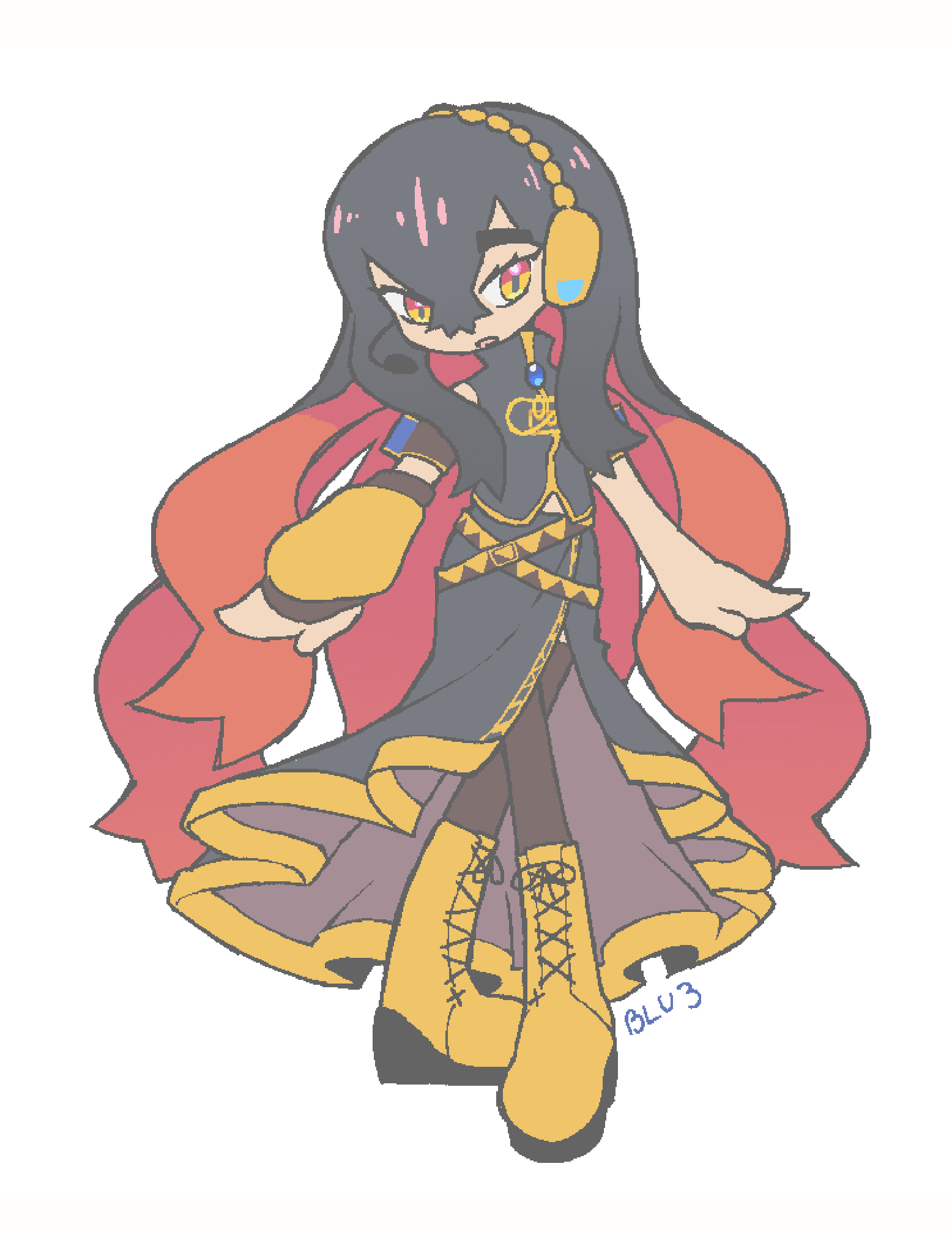 1girl, artist_name, asymmetrical_sleeves, black_hair, blu3per, carmine_(pokemon), cosplay, headphones
