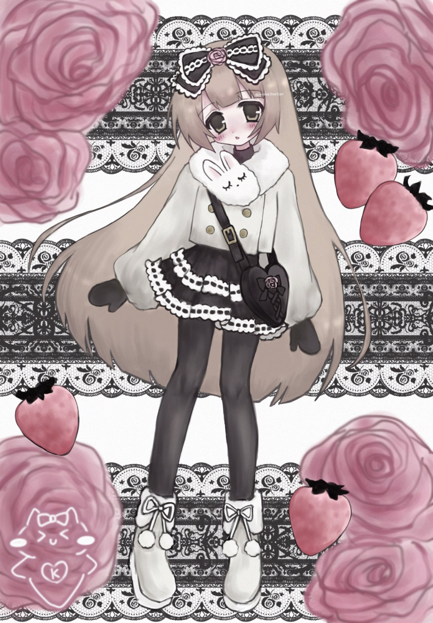 1girl, animal_scarf, ascii_art, bag, blush, boots, bow, brown_eyes