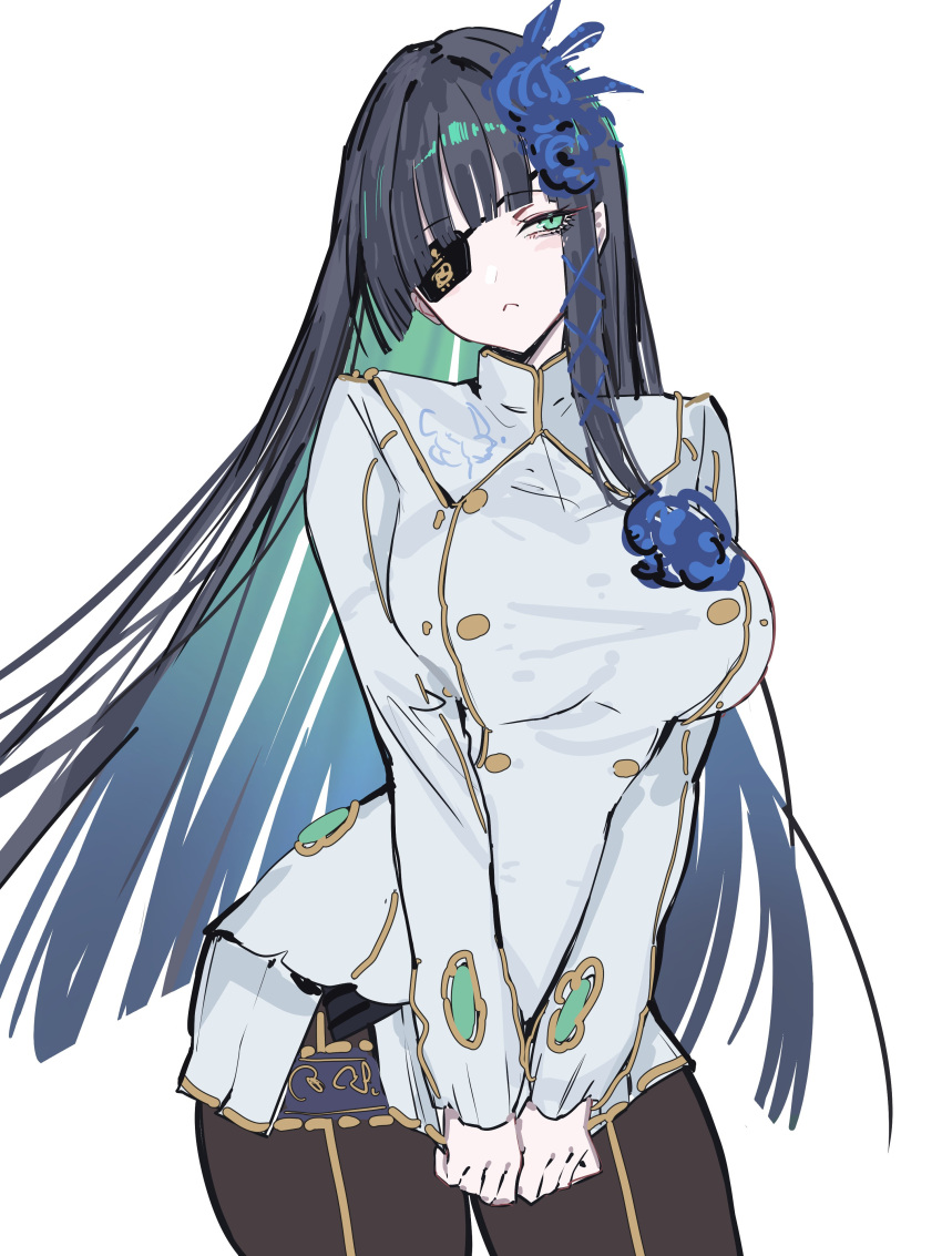 1girl, :<, absurdres, asymmetrical_bangs, black_hair, black_pantyhose, blue_flower, blue_hair