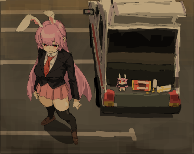 1girl, black_socks, blazer, closed_mouth, from_above, fumo_(doll), game_screenshot_background, jacket, long_hair, min645251026530, motor_vehicle, necktie, pink_hair, pink_skirt, reisen_udongein_inaba, screenshot_background, serious, skirt, socks, thigh-highs, touhou, zettai_ryouiki