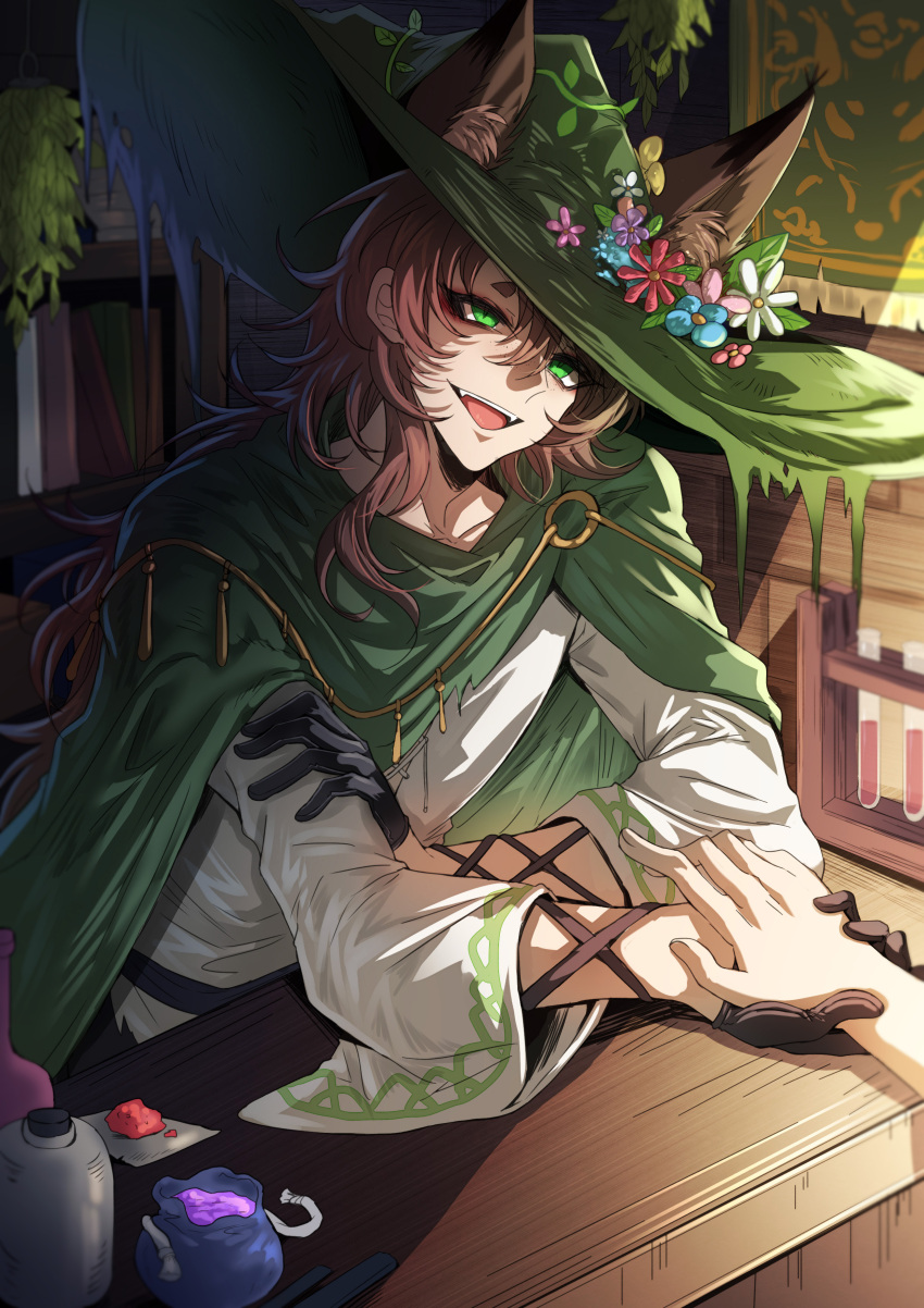1boy, :d, absurdres, animal_ears, belt, bookshelf, brown_hair, cloak