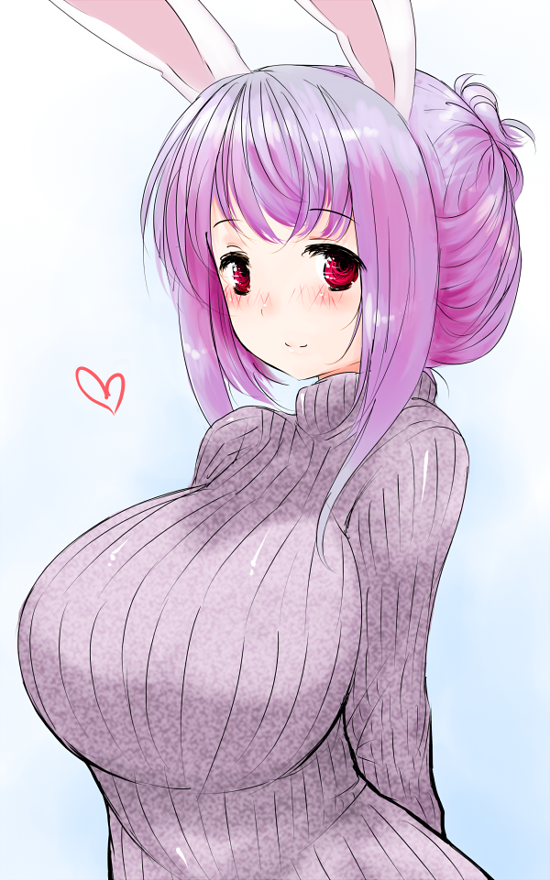 animal_ears, arms_behind_back, blush, breasts, bunny_ears, bust, hair_bun, han64