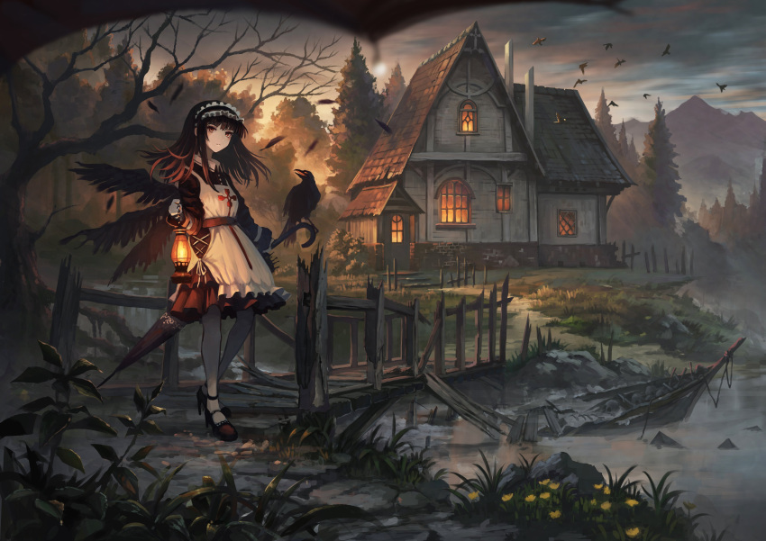 1girl, absurdres, apron, arched_window, bare_tree, bird, bird_wings, black_dress, black_feathers, black_hair, black_shoes, black_umbrella, black_wings, blurry, blurry_foreground, boat, bridge, bush, closed_mouth, clouds, cloudy_sky, collar, collared_dress, commentary_request, cross, cross-laced_apron, cross_print, crow, door, dress, falling_feathers, feathered_wings, feathers, flower, forest, frilled_hairband, frills, full_body, gable_roof, grass, hairband, high_heels, highres, holding, holding_lantern, holding_umbrella, house, lantern, long_hair, long_sleeves, looking_at_viewer, mountain, nature, original, path, plant, pleated_dress, ram-a, red_eyes, river, shoes, sky, solo, standing, tile_roof, tree, umbrella, watercraft, white_apron, white_collar, window, wings, wooden_bridge, yellow_flower