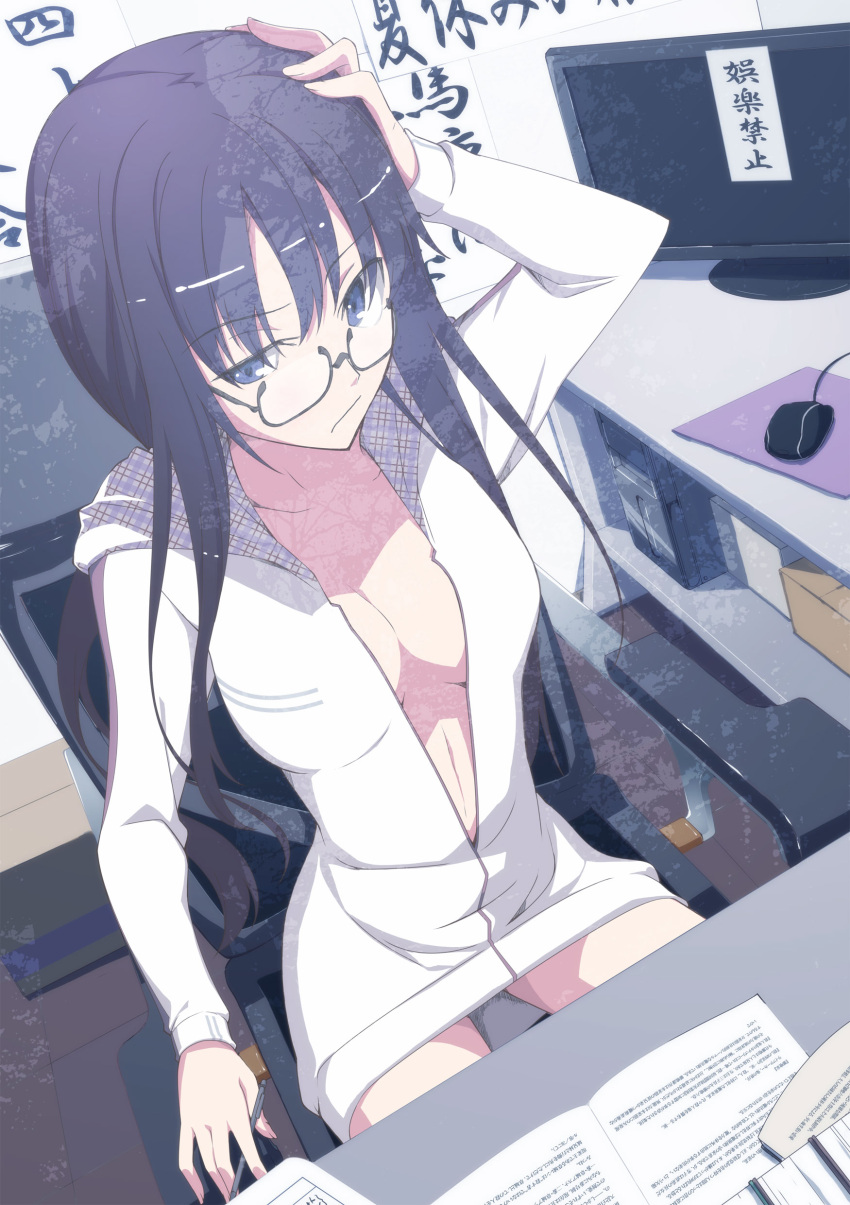 black_eyes, black_hair, breasts, cleavage, computer_mouse, desk, glasses, hand_on_head