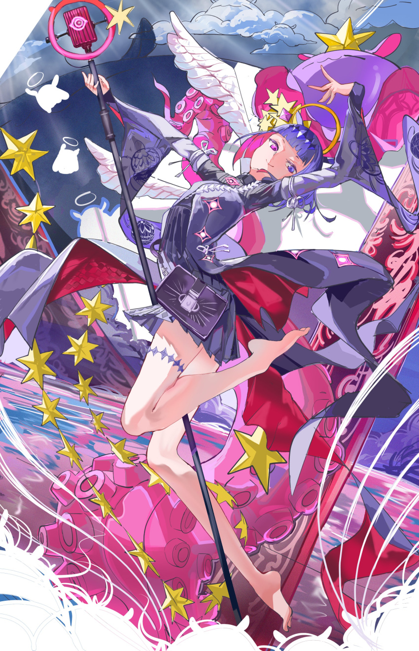 2026, absurdres, angel_wings, barefoot, book, clouds, cloudy_sky, colored_inner_hair