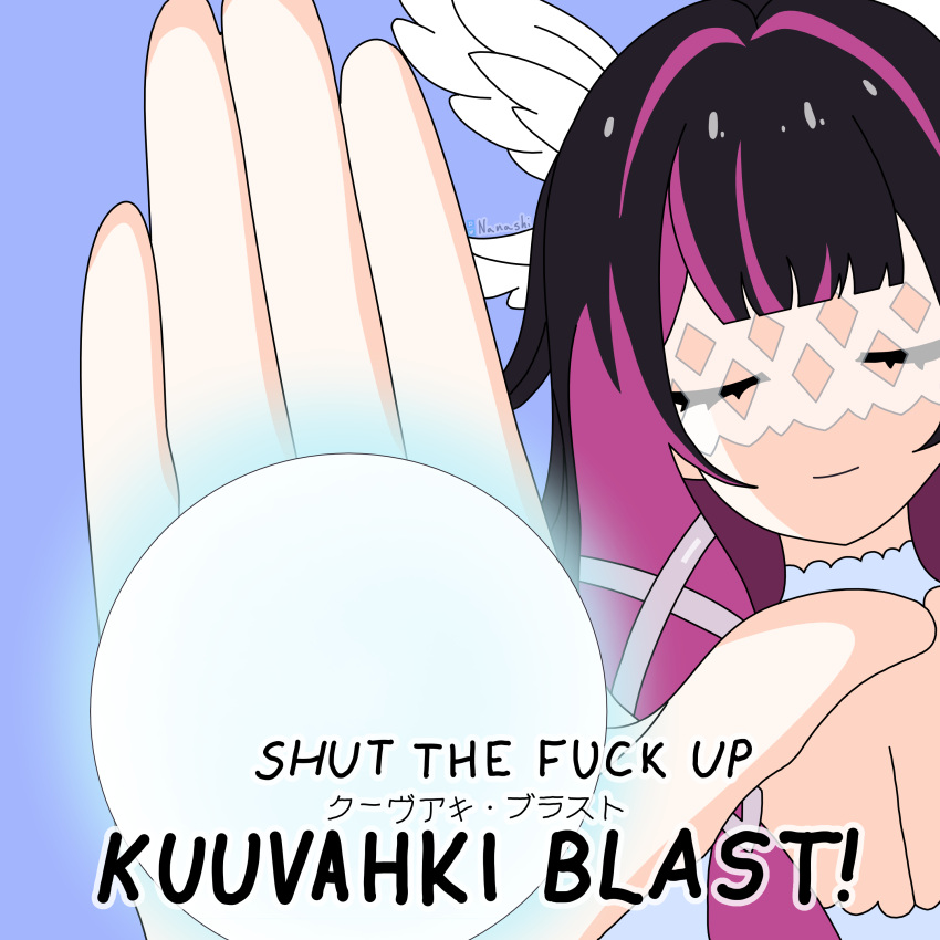 1girl, absurdres, biden_blast_(meme), black_hair, cinansnickem, columbina_(genshin_impact), english_text, eye_mask