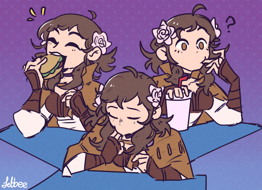 1girl, ahoge, brown_eyes, brown_hair, burger, collared_cloak, eating, fire_emblem
