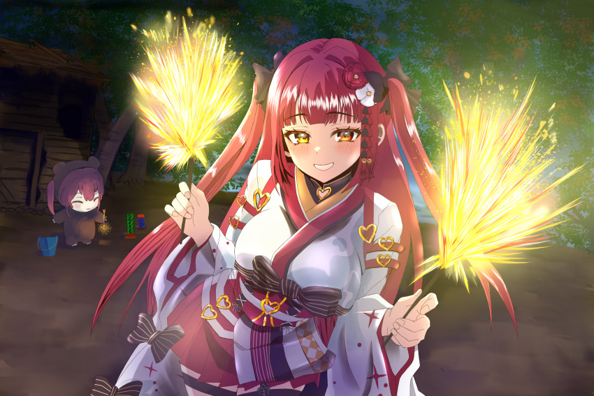 666girimekara, absurdres, black_bow, bow, closed_mouth, hair_bow, hakama, heterochromia