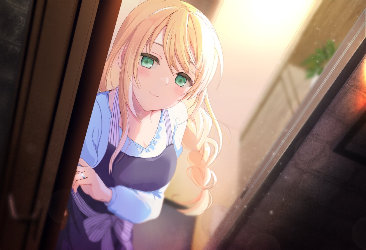 1girl, apron, black_apron, blonde_hair, bow, braid, closed_mouth, commentary_request, cowboy_shot, doorway, dutch_angle, glint, green_eyes, housewife, indoors, jewelry, lens_flare, light_particles, long_hair, looking_at_viewer, miton_(ton321), open_door, opening_door, pov_doorway, purple_bow, purple_sash, rance_(series), ring, sash, sheila_helman, shirt, single_braid, smile, solo, standing, striped_bow, striped_sash, wedding_ring, white_shirt
