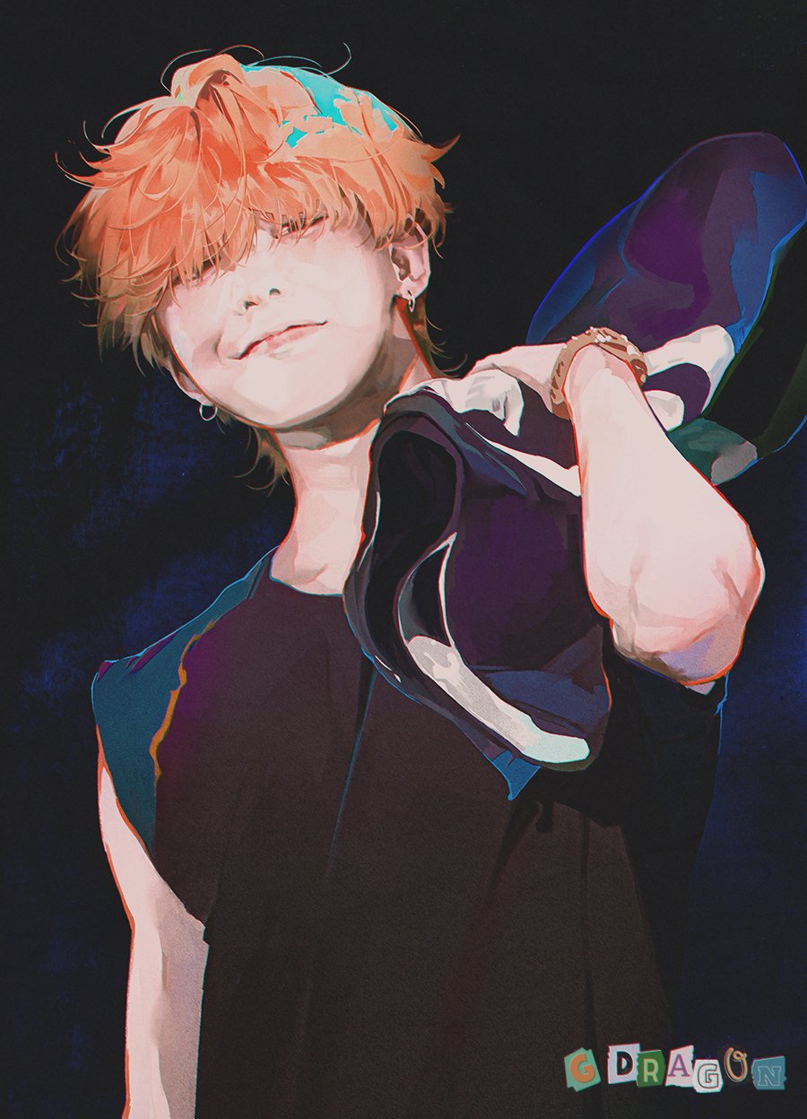 1boy, bigbang, black_shirt, earrings, g-dragon, hair_over_eyes, highres, holding, jewelry, k-pop, leaning_to_the_side, looking_at_viewer, lttidfc, male_focus, orange_hair, real_life, realistic, shirt, sleeveless, sleeveless_shirt, smile, solo, upper_body, watch, watch