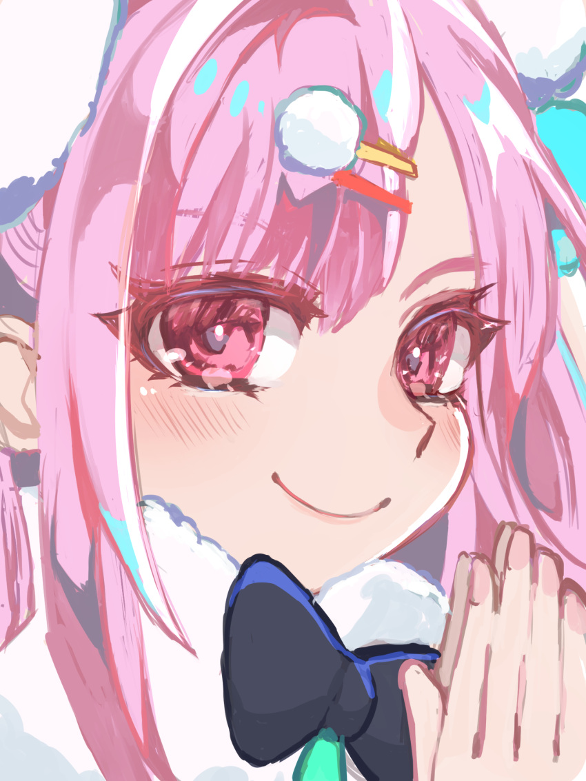 1girl, black_bow, black_bowtie, blush, bow, bowtie, closed_mouth, commentary_request