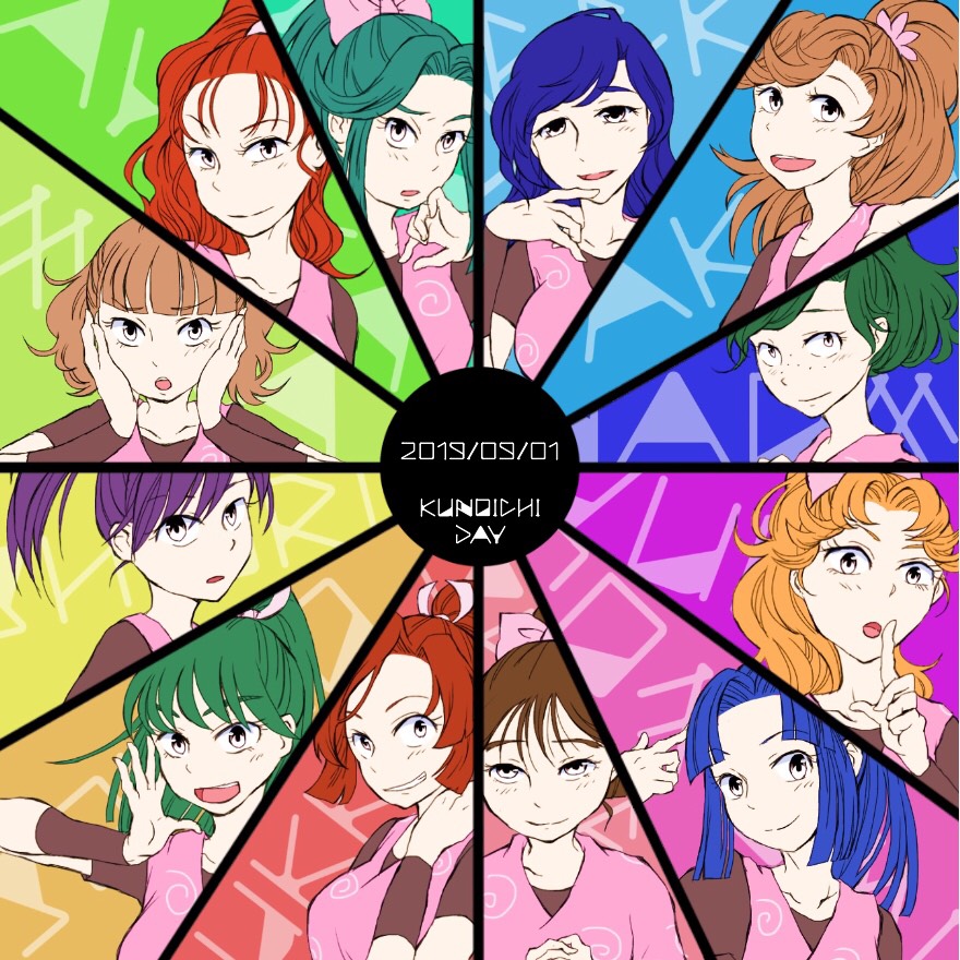 6+girls, akko_(rakudai_ninja_rantarou), ayaka_(rakudai_ninja_rantarou), blue_hair, blush, bow, breasts, brown_hair