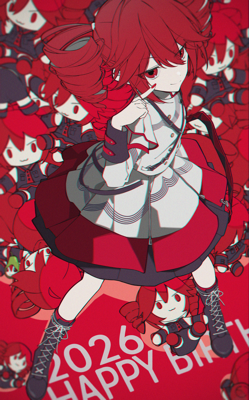 absurdres, black_boots, boots, character_doll, doll, drill_hair, finger_to_eye, full_body