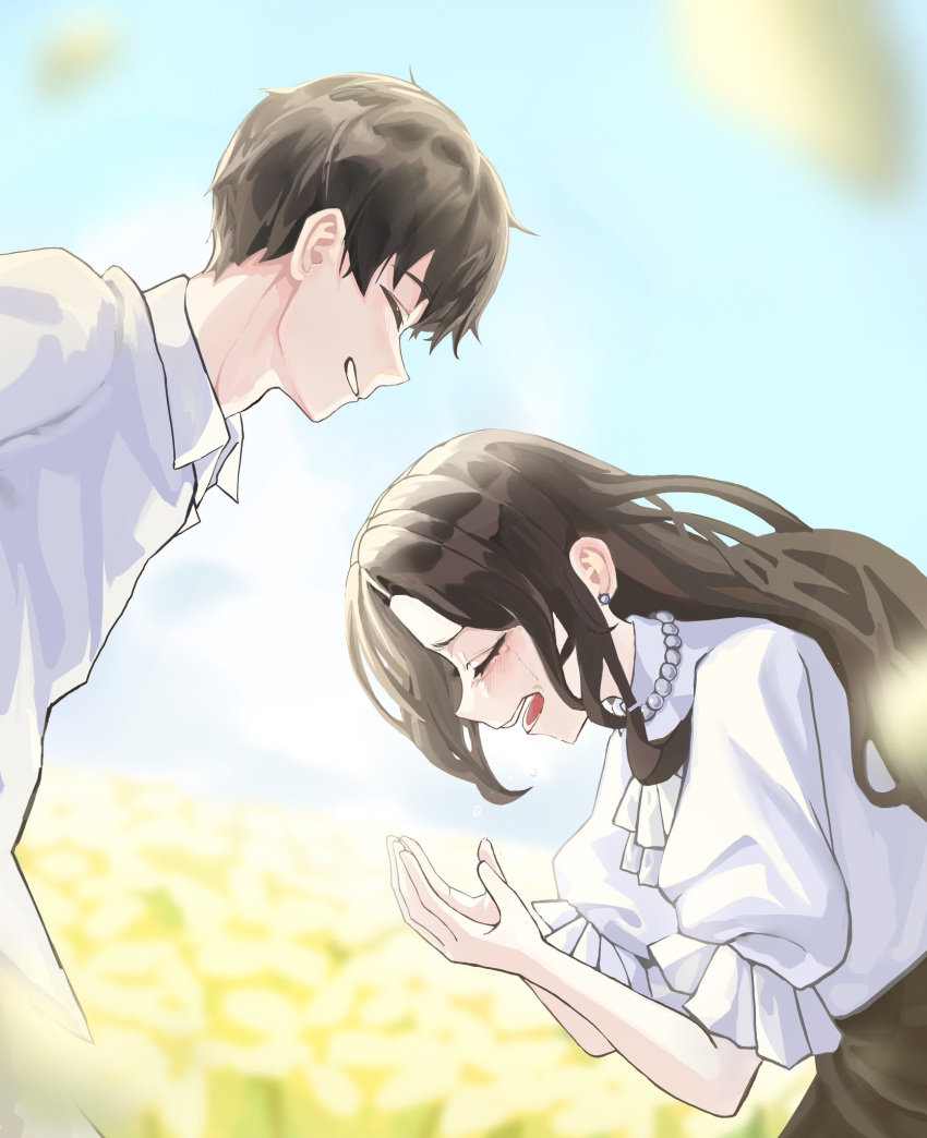 1boy, 1girl, bent_over, black_hair, character_request, closed_eyes, collared_shirt, commentary