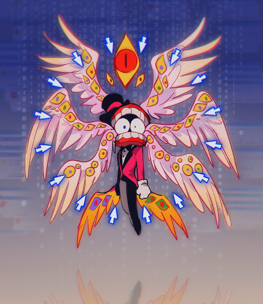 1boy, absurdres, biblically_accurate_angel, binary, black_bow, black_bowtie, black_hat, black_pants