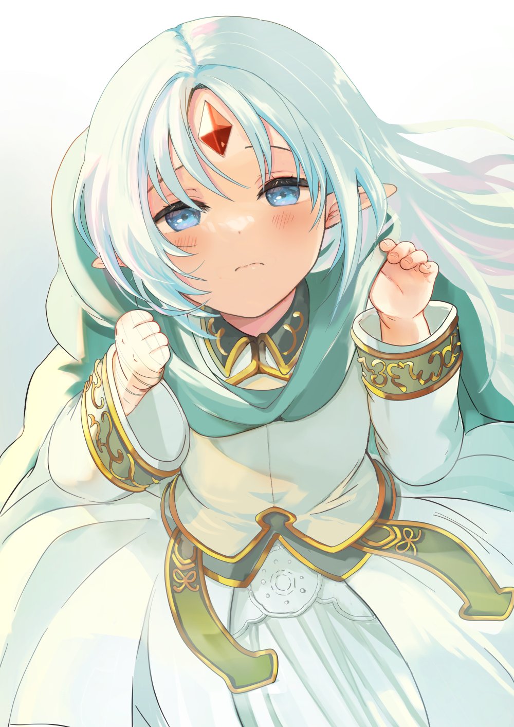 1girl, blue_eyes, blue_hair, closed_mouth, commentary, commission, cowboy_shot, dress