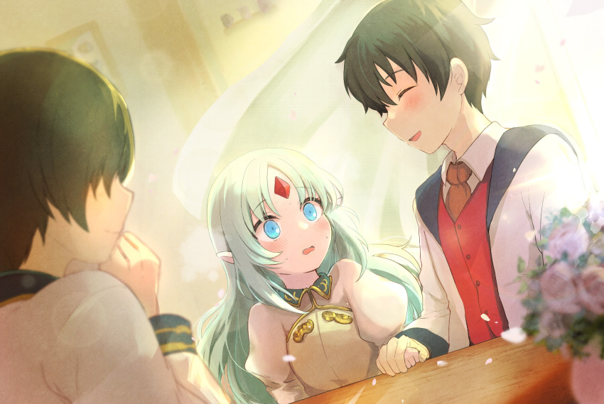 1girl, 2boys, black_hair, blue_eyes, blue_hair, blush, brown_necktie, closed_eyes, closed_mouth, collared_shirt, commentary_request, commission, crook_mofus, dress, dutch_angle, el_mofus, el_mofus_(black_hair_male), flower, flower_pot, forehead_jewel, hand_on_own_chin, highres, indoors, jacket, kalar_(race), long_hair, looking_at_another, miton_(ton321), mother_and_child, mother_and_son, multiple_boys, necktie, open_clothes, open_jacket, open_mouth, parent_and_child, peanut_mouth, pink_flower, pointy_ears, rance_(series), rance_x, red_shirt, reset_kalar, second-party_source, sharp_teeth, shirt, short_hair, sitting, skeb_commission, smile, sunlight, table, teeth, white_dress, white_jacket, white_shirt