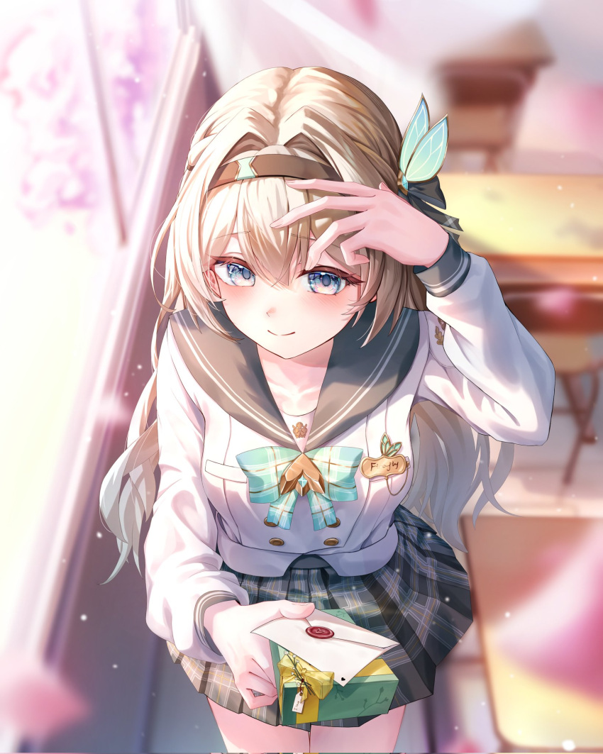 1girl, aqua_bow, aqua_bowtie, arm_up, black_bow, black_hairband, black_sailor_collar, black_skirt, blonde_hair, blue_eyes, blurry, blurry_background, blush, bow, bowtie, character_name, classroom, closed_mouth, commentary, corrupted_twitter_file, day, depth_of_field, double-parted_bangs, english_commentary, firefly_(honkai:_star_rail), foreshortening, from_above, gift, hair_bow, hair_intakes, hairband, highres, holding, holding_gift, honkai:_star_rail, honkai_(series), indoors, letter, long_hair, looking_at_viewer, looking_up, makaer1117, miniskirt, name_tag, plaid_bow, plaid_bowtie, plaid_clothes, plaid_skirt, pleated_skirt, sailor_collar, school_uniform, serafuku, shirt, shy, skirt, smile, solo, standing, white_shirt, window