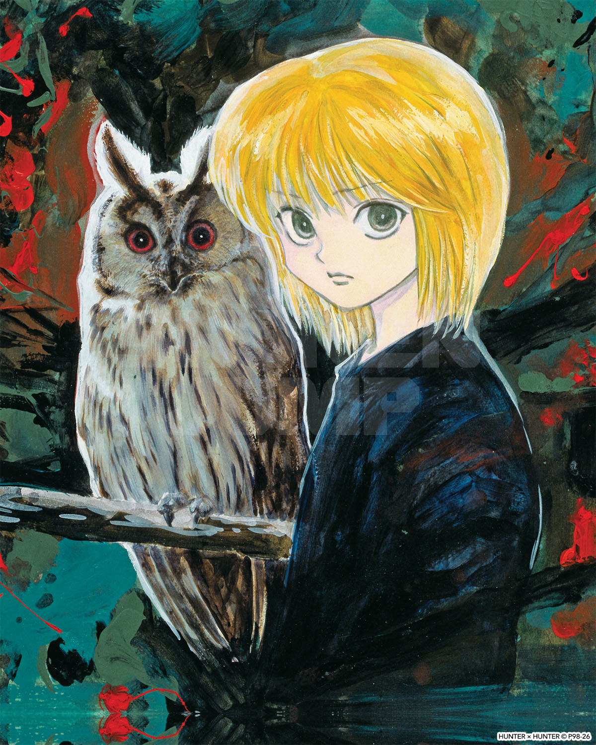 1boy, abstract_background, bird, black_background, black_jacket, blonde_hair, blue_background, copyright_name, cover, cover_page, expressionless, frown, grey_eyes, highres, hunter_x_hunter, jacket, kurapika, looking_at_viewer, male_focus, manga_cover, official_art, owl, red_background, red_eyes, second-party_source, short_hair, textless_version, togashi_yoshihiro, upper_body