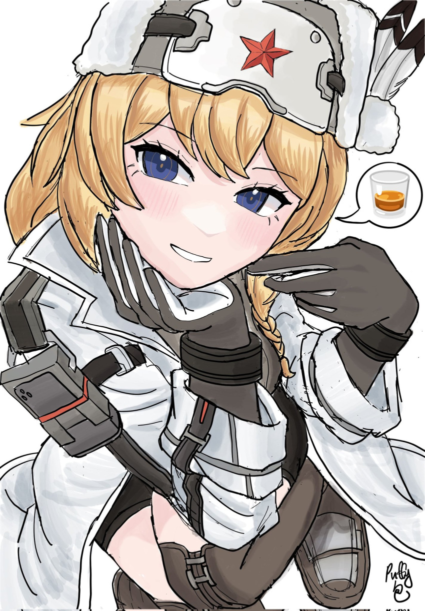 alcohol, artist_name, black_gloves, black_shorts, blonde_hair, blue_eyes, blush, boots, braid, brown_boots, coat, elbow_gloves, feathers, fur_hat, girls'_frontline_2:_exilium, girls_frontline, glass, gloves, hand_on_own_chin, hat, hat_feather, highres, light_blush, long_hair, looking_at_viewer, mosin-nagant_(girls'_frontline), mosin-nagant_(girls'_frontline_2), multicolored_gloves, pointing, pointing_at_self, puffypau26, red_star, shorts, sidelocks, signature, simple_background, smile, speech_bubble, squatting, star_(symbol), sweater, tactical_clothes, teeth, thighs, two-tone_gloves, white_background, white_coat, white_feathers, white_gloves, white_hat