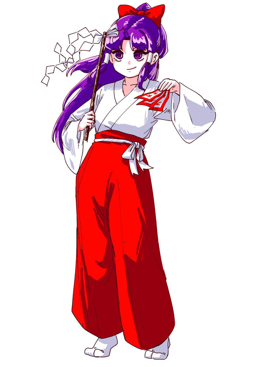 1girl, absurdres, bow, full_body, gohei, hair_bow, hair_tubes, hakama