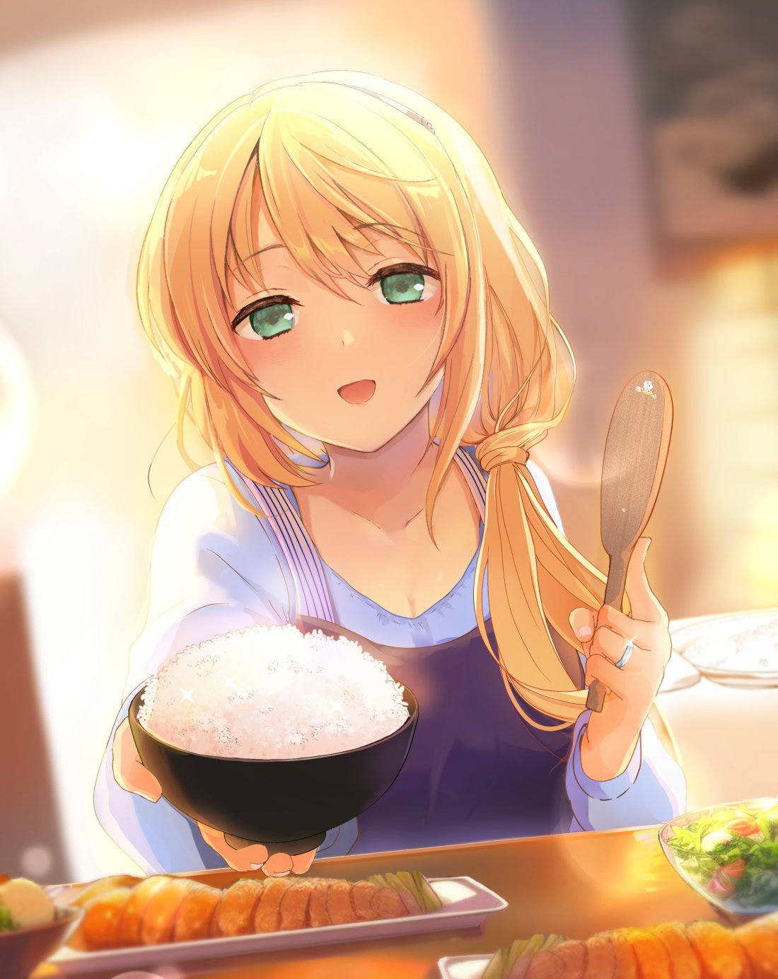 1girl, apron, black_apron, blonde_hair, blue_shirt, blurry, blurry_background, bowl, commentary, dutch_angle, food, glint, green_eyes, hair_over_shoulder, hand_up, highres, holding, holding_bowl, housewife, incoming_food, indoors, jewelry, long_hair, looking_at_viewer, low_side_ponytail, meat, miton_(ton321), open_mouth, outstretched_arm, plate, rance_(series), rice_bowl, ring, salad, shamoji, sheila_helman, shirt, side_ponytail, smile, solo, table, upper_body, wedding_ring