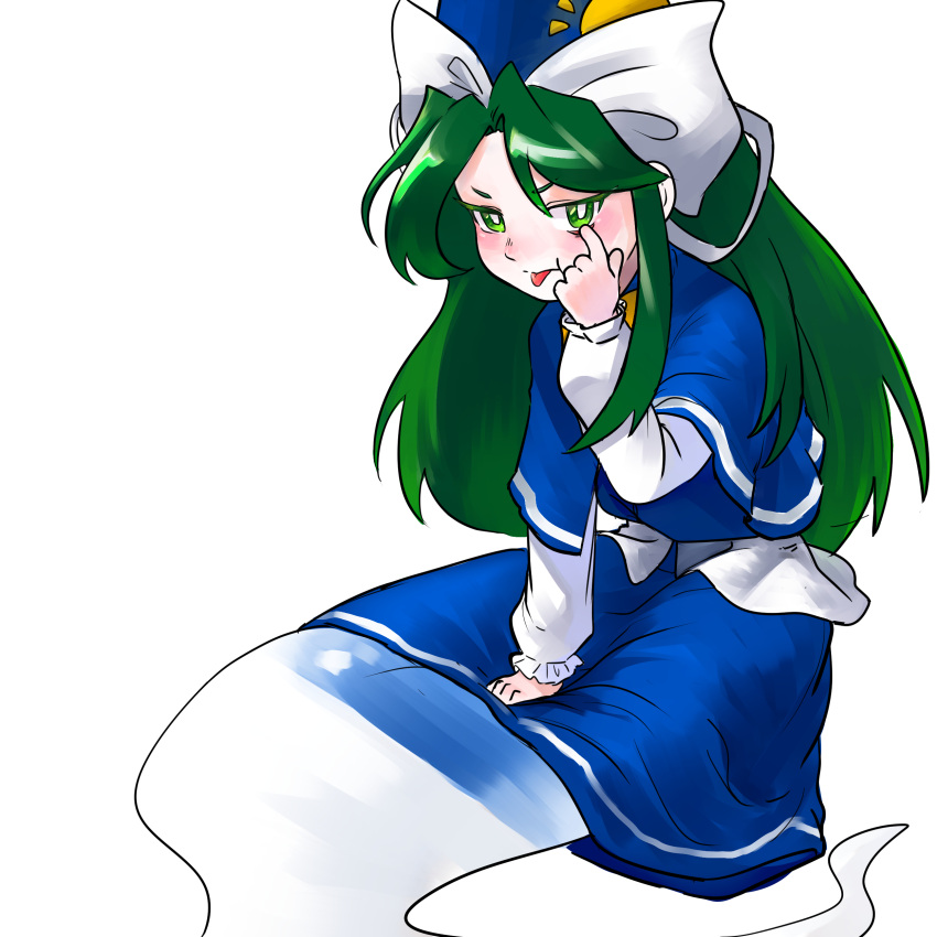 1girl, absurdres, blue_capelet, blue_shirt, bow, capelet, dress, ghost