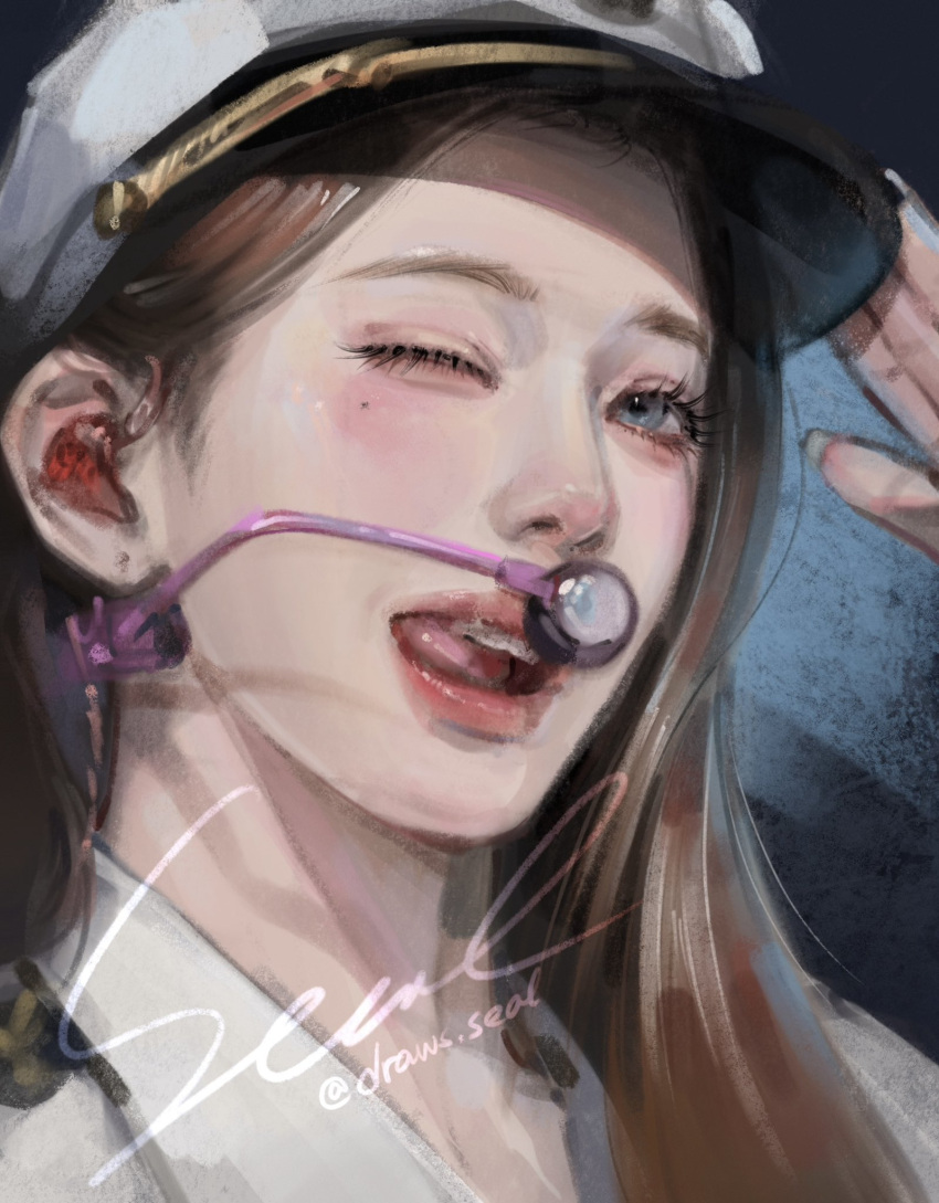 blue_background, brown_hair, drawsseal, earpiece, genie_(song), girls'_generation, hair_behind_ear, hat