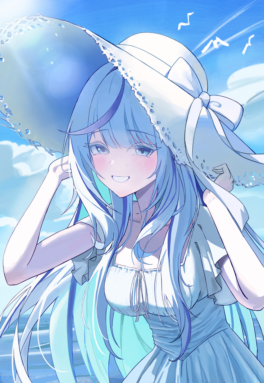 1girl, absurdres, aokumo_rin, blue_eyes, blue_hair, blue_sky, blue_streaks, bow