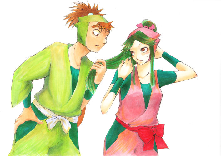 1boy, 1girl, blush, brown_hair, commentary_request, green_hair, hand_on_own_hip, holding_another's_hair