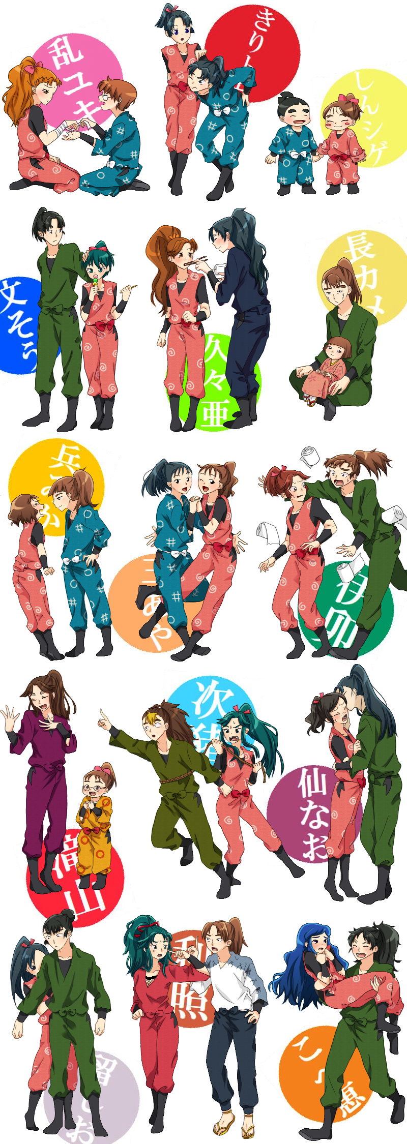 6+boys, 6+girls, bandaged_arm, bandages, black_eyes, black_hair, blue_eyes, blue_hair