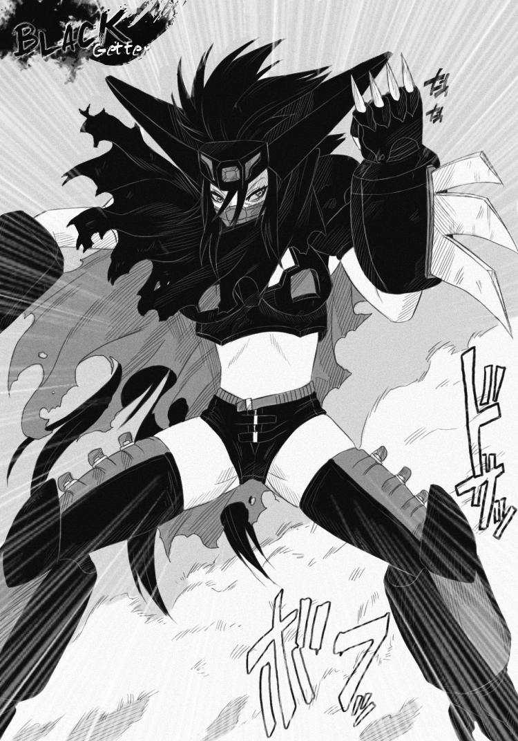 black_getter, getter_robo, getter_robo_armageddon, mecha_musume, monochrome, personification