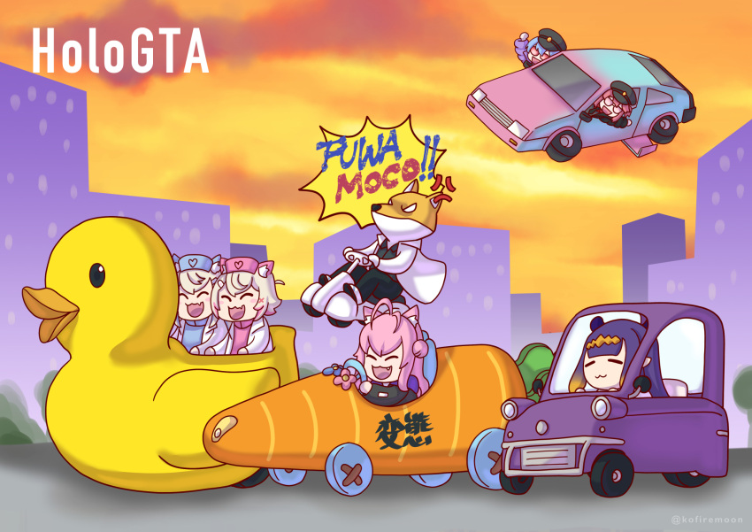6+girls, ahoge, anger_vein, animal_ears, blonde_hair, blue_hair, car, clouds