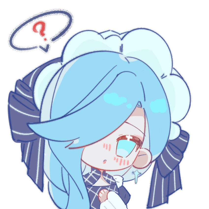 1girl, :o, ?, above-cleavage_cutout, argyle_clothes, argyle_dress, black_bonnet, black_bow, black_dress, blue_eyes, blue_hair, bonnet, bow, check_copyright, chibi, clothing_cutout, collared_dress, commentary, confused, copyright_request, dress, earrings, four-pointed_star, frilled_bonnet, frills, hair_over_one_eye, hand_on_own_chest, hat, hat_bow, head_tilt, high_collar, highres, infinity_nikki, jewelry, layered_sleeves, lianzi_(pixiv_11900096), light_blush, lipstick, long_hair, long_sleeves, makeup, nikki_(series), open_mouth, pink_lips, short_over_long_sleeves, short_sleeves, simple_background, sleeves_past_wrists, solo, speech_bubble, spoken_question_mark, star_(symbol), star_earrings, striped_bow, stylist_(nikki), swept_bangs, tsurime, untranslatable_commentary, upper_body, very_long_hair, white_background, white_sleeves
