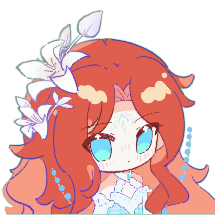 1girl, bare_shoulders, blue_dress, blue_eyes, check_copyright, choker, closed_mouth, commentary, copyright_request, detached_sleeves, dress, expressionless, facepaint, facial_mark, flower, forehead_mark, frilled_sleeves, frills, hair_flower, hair_ornament, halter_dress, halterneck, highres, infinity_nikki, layered_dress, lianzi_(pixiv_11900096), light_blush, light_frown, lily_(flower), long_hair, long_sleeves, looking_at_viewer, nikki_(series), polka_dot, polka_dot_dress, red_hair, simple_background, solo, stylist_(nikki), tsurime, unmoving_pattern, untranslatable_commentary, very_long_hair, wavy_hair, white_background, white_choker, white_dress, white_flower, white_sleeves
